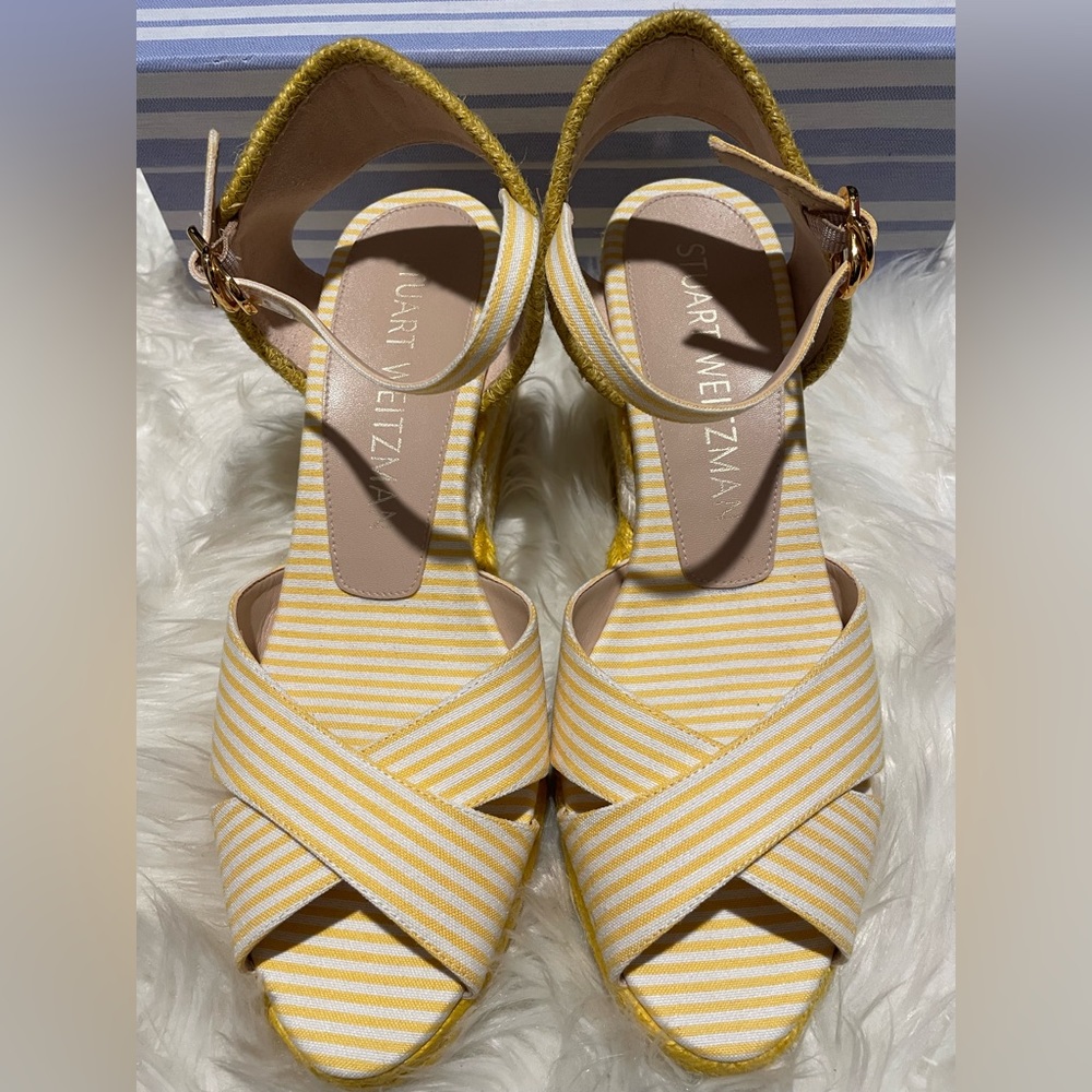 Brand new! Stuart Weitzman Mirela Striped Wedge Espadrille YellowWhite Size 39 9